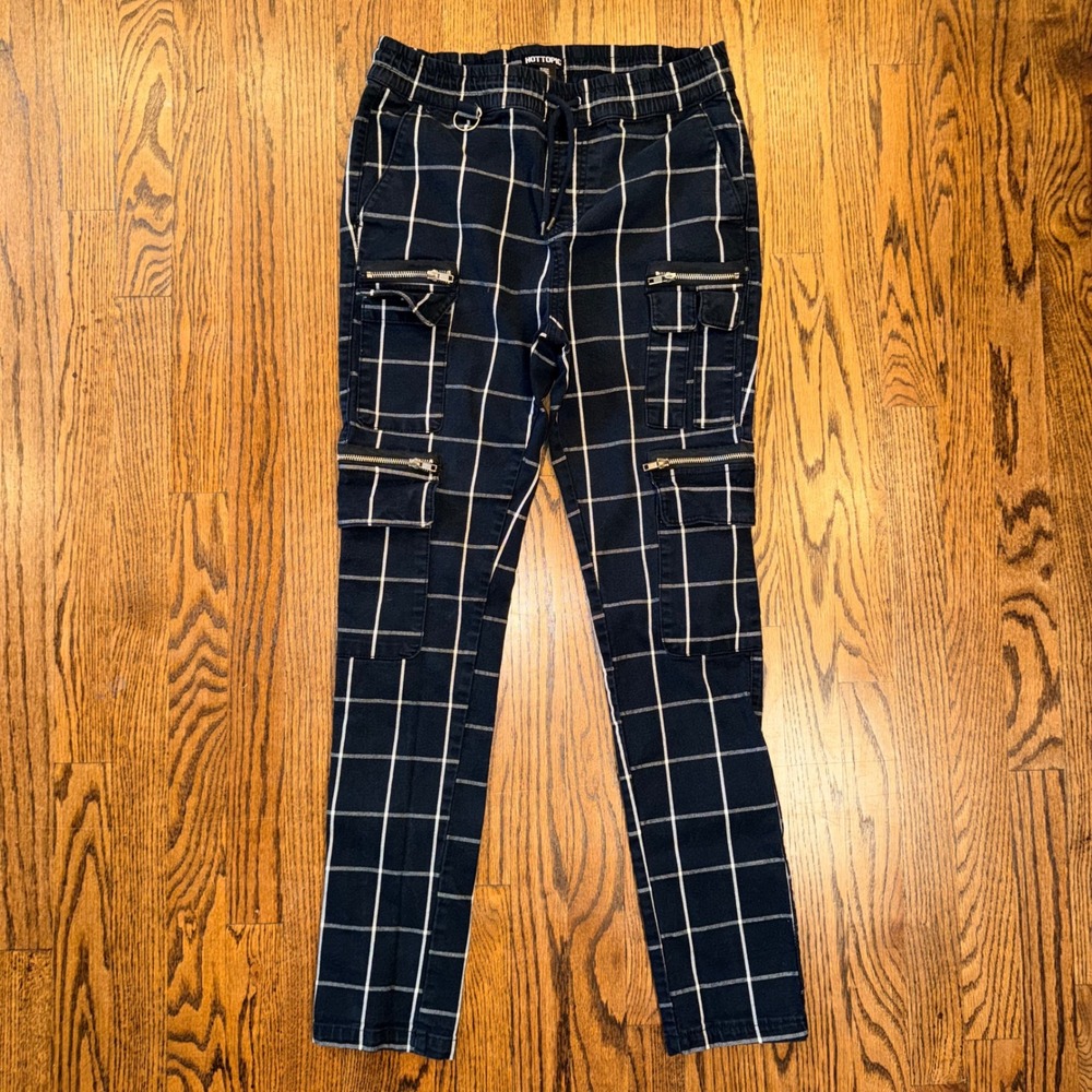 Hot Topic Grid Print Cargo Pants Slim Jogger Multi-Pocket Size M‎ Black White